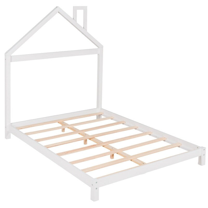 Full Size House Shaped Platform Bed with Headboard, Solid Wood Kids Bed Frame for Bedroom Guest Room, White