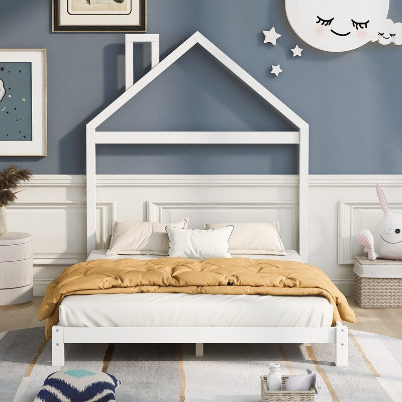 Full Size House Shaped Platform Bed with Headboard, Solid Wood Kids Bed Frame for Bedroom Guest Room, White