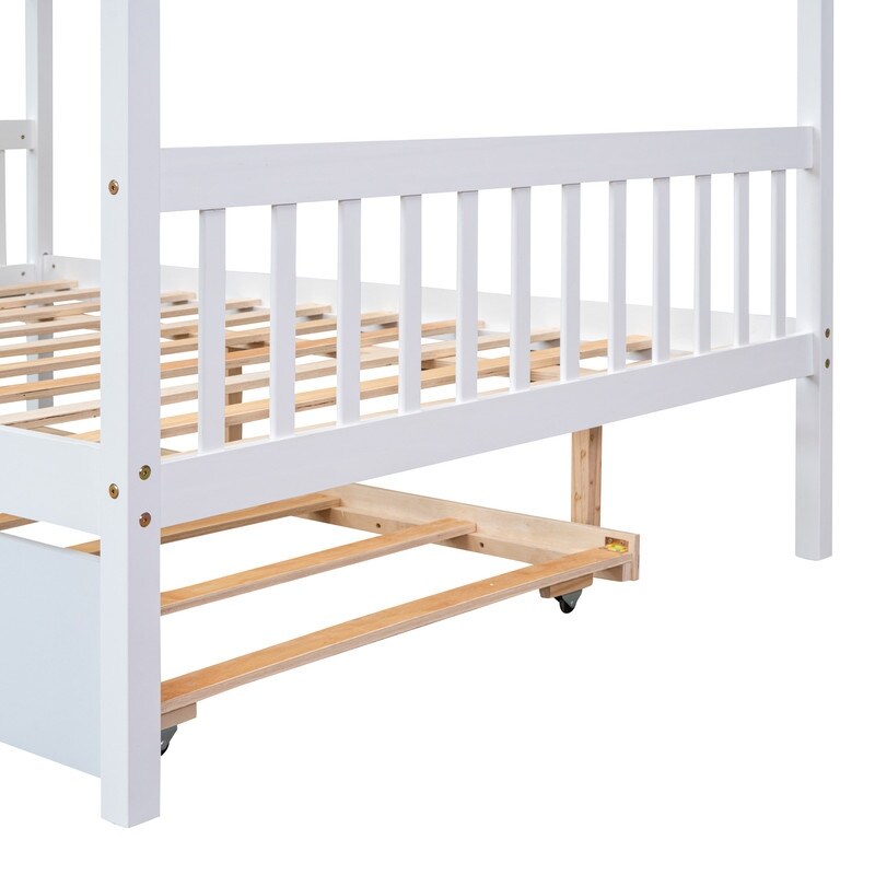 Full Size House Shaped Platform Bed with Twin Size Trundle, Solid Wood Kids Bed Frame for Bedroom Children Room, White