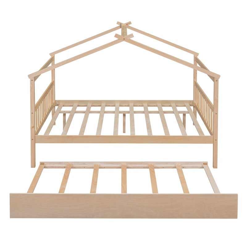 Full Size House Shaped Platform Bed with Twin Size Trundle, Solid Wood Kids Bed Frame for Bedroom Children Room, White