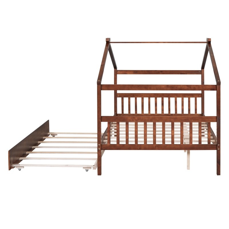 Full Size House Shaped Platform Bed with Twin Size Trundle, Solid Wood Kids Bed Frame for Bedroom Children Room, White