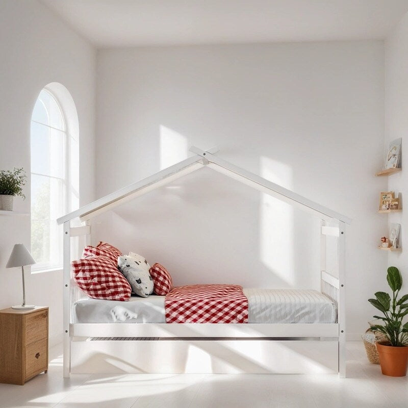 Full Size House Shaped Platform Bed with Twin Size Trundle, Solid Wood Kids Bed Frame for Bedroom Children Room, White