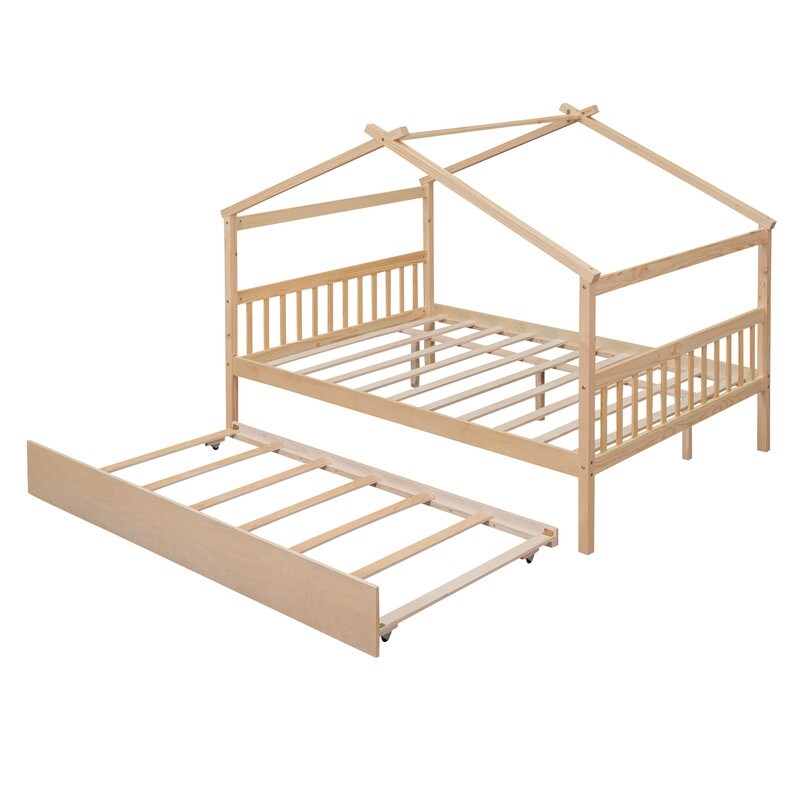 Full Size House Shaped Platform Bed with Twin Size Trundle, Solid Wood Kids Bed Frame for Bedroom Children Room, White