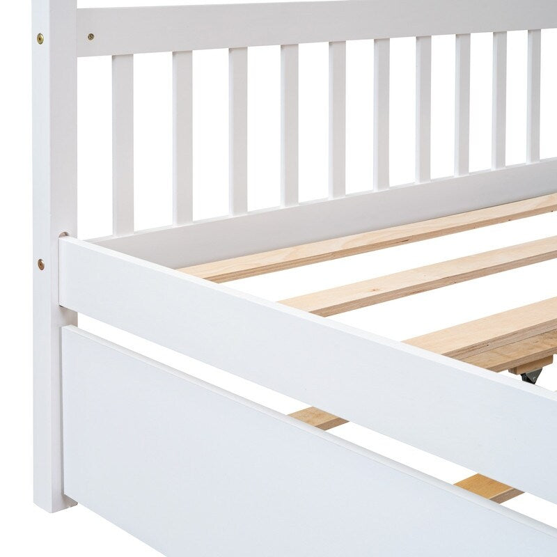 Full Size House Shaped Platform Bed with Twin Size Trundle, Solid Wood Kids Bed Frame for Bedroom Children Room, White