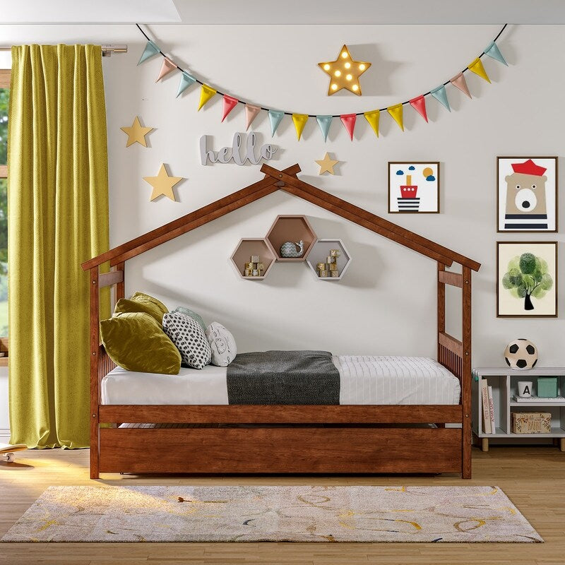 Full Size House Shaped Platform Bed with Twin Size Trundle, Solid Wood Kids Bed Frame for Bedroom Children Room, White