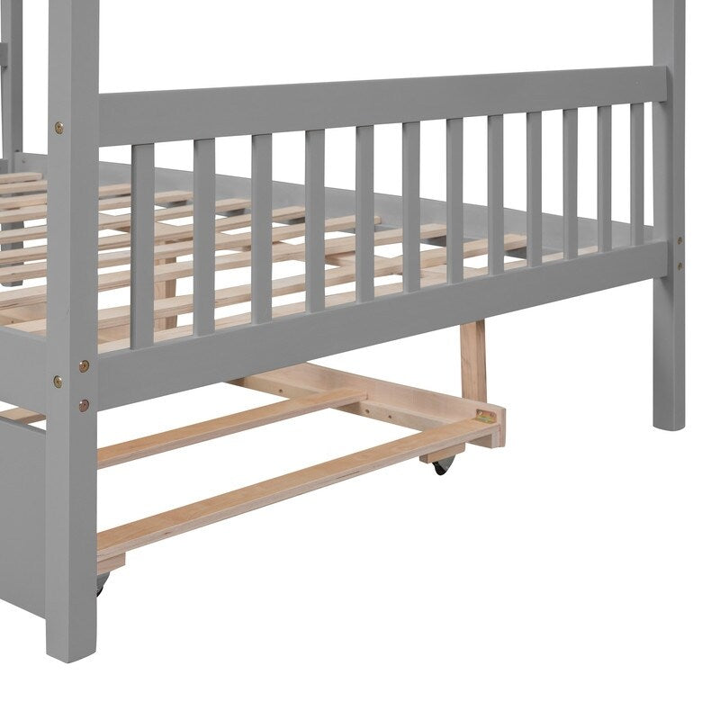 Full Size House Shaped Platform Bed with Twin Size Trundle, Solid Wood Kids Bed Frame for Bedroom Children Room, White