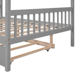 Full Size House Shaped Platform Bed with Twin Size Trundle, Solid Wood Kids Bed Frame for Bedroom Children Room, White