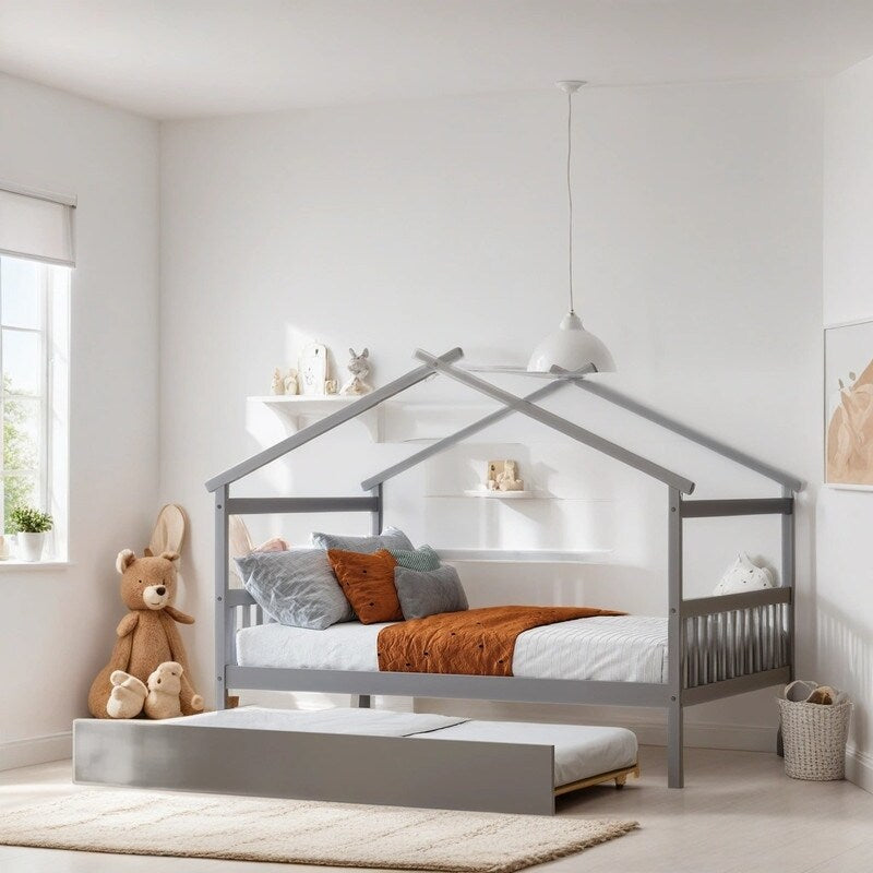 Full Size House Shaped Platform Bed with Twin Size Trundle, Solid Wood Kids Bed Frame for Bedroom Children Room, White