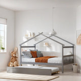Full Size House Shaped Platform Bed with Twin Size Trundle, Solid Wood Kids Bed Frame for Bedroom Children Room, White