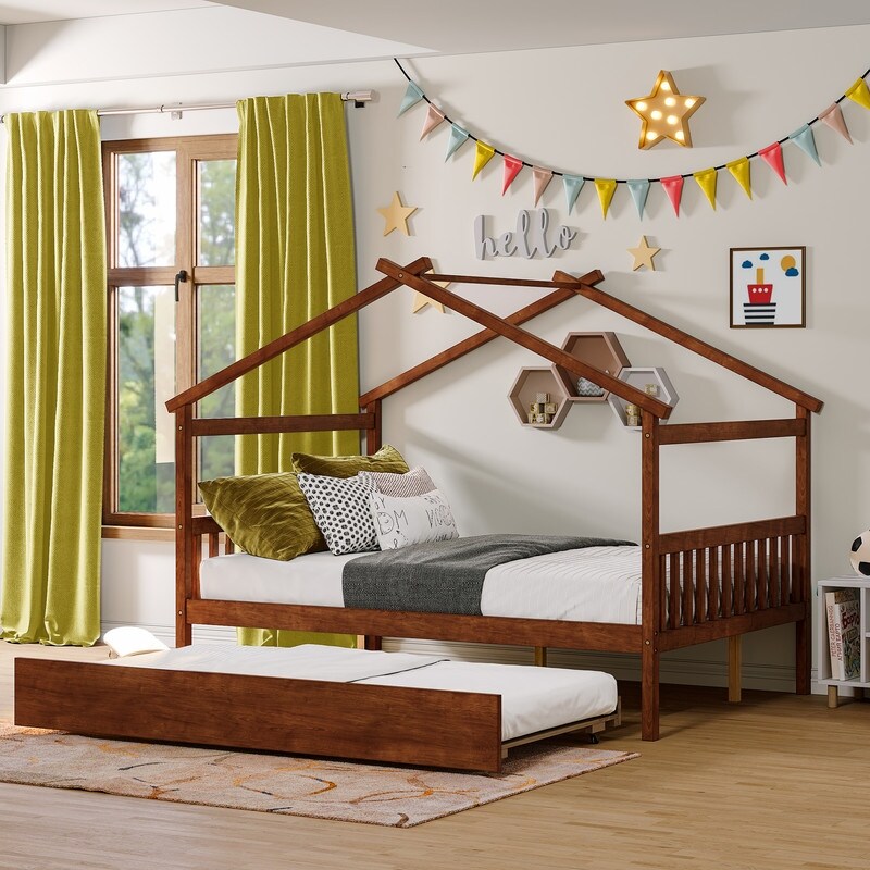 Full Size House Shaped Platform Bed with Twin Size Trundle, Solid Wood Kids Bed Frame for Bedroom Children Room, White