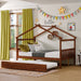 Full Size House Shaped Platform Bed with Twin Size Trundle, Solid Wood Kids Bed Frame for Bedroom Children Room, White
