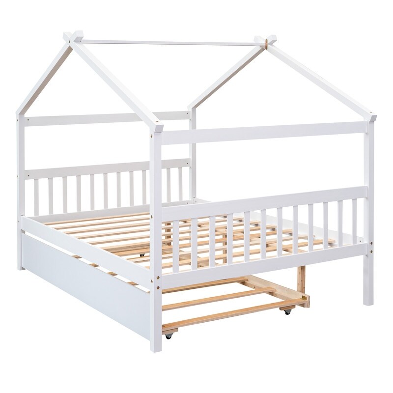 Full Size House Shaped Platform Bed with Twin Size Trundle, Solid Wood Kids Bed Frame for Bedroom Children Room, White