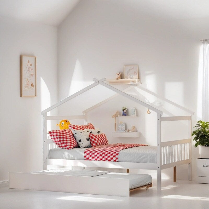 Full Size House Shaped Platform Bed with Twin Size Trundle, Solid Wood Kids Bed Frame for Bedroom Children Room, White