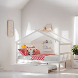 Full Size House Shaped Platform Bed with Twin Size Trundle, Solid Wood Kids Bed Frame for Bedroom Children Room, White