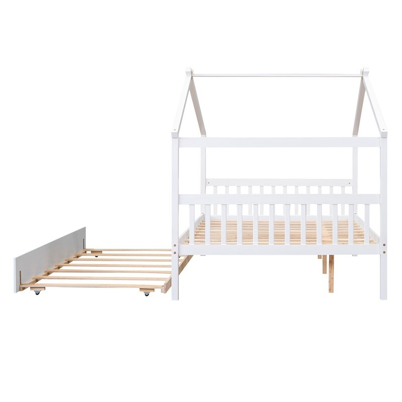 Full Size House Shaped Platform Bed with Twin Size Trundle, Solid Wood Kids Bed Frame for Bedroom Children Room, White