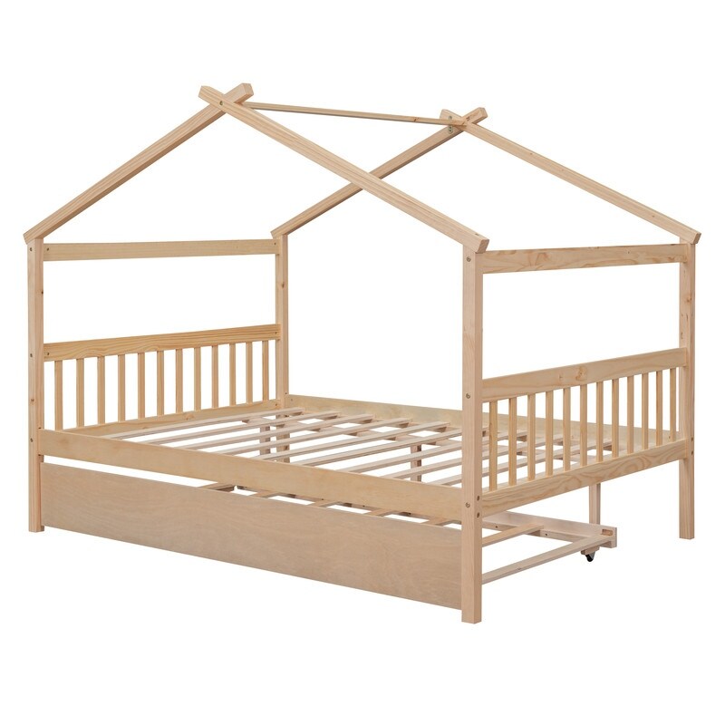 Full Size House Shaped Platform Bed with Twin Size Trundle, Solid Wood Kids Bed Frame for Bedroom Children Room, White
