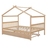 Full Size House Shaped Platform Bed with Twin Size Trundle, Solid Wood Kids Bed Frame for Bedroom Children Room, White