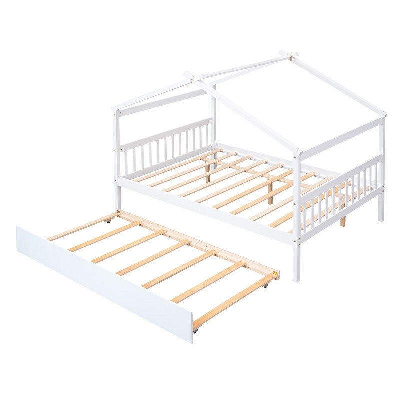 Full Size House Shaped Platform Bed with Twin Size Trundle, Solid Wood Kids Bed Frame for Bedroom Children Room, White