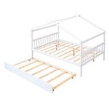 Full Size House Shaped Platform Bed with Twin Size Trundle, Solid Wood Kids Bed Frame for Bedroom Children Room, White