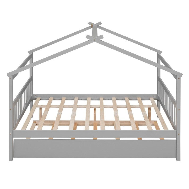 Full Size House Shaped Platform Bed with Twin Size Trundle, Solid Wood Kids Bed Frame for Bedroom Children Room, White