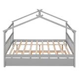 Full Size House Shaped Platform Bed with Twin Size Trundle, Solid Wood Kids Bed Frame for Bedroom Children Room, White