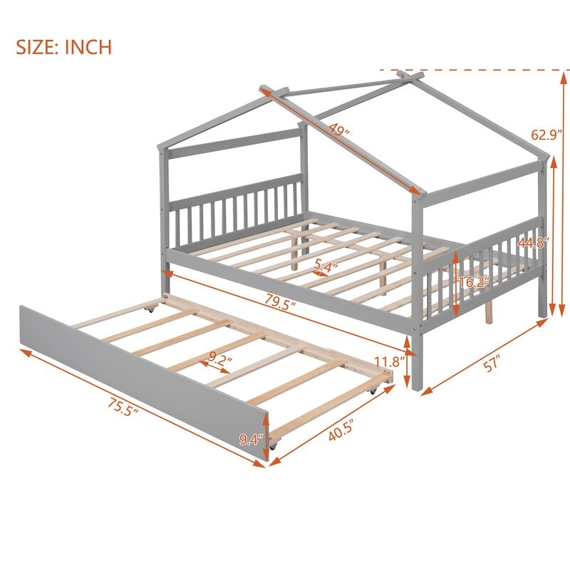 Full Size House Shaped Platform Bed with Twin Size Trundle, Solid Wood Kids Bed Frame for Bedroom Children Room, White