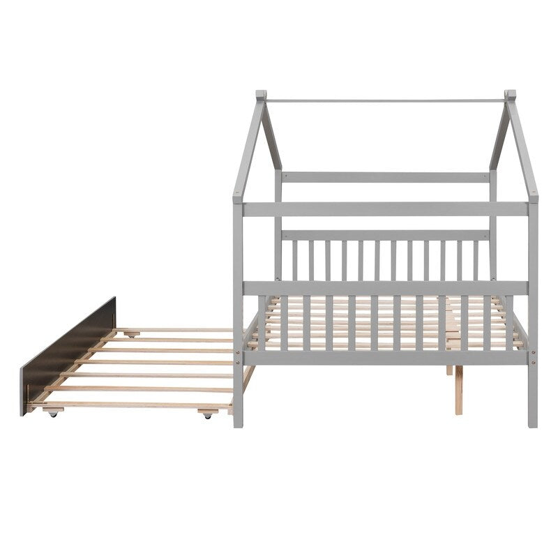 Full Size House Shaped Platform Bed with Twin Size Trundle, Solid Wood Kids Bed Frame for Bedroom Children Room, White