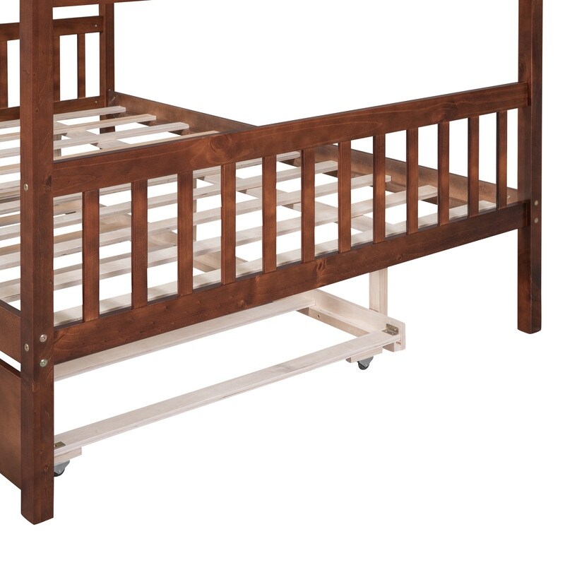 Full Size House Shaped Platform Bed with Twin Size Trundle, Solid Wood Kids Bed Frame for Bedroom Children Room, White