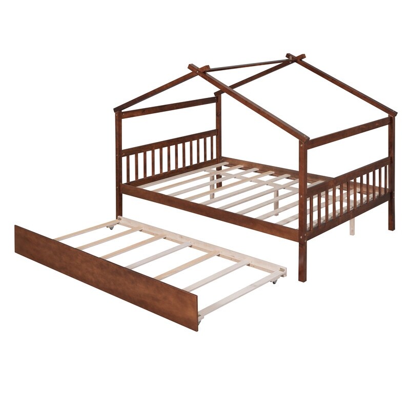 Full Size House Shaped Platform Bed with Twin Size Trundle, Solid Wood Kids Bed Frame for Bedroom Children Room, White