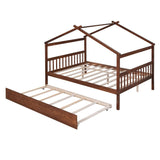 Full Size House Shaped Platform Bed with Twin Size Trundle, Solid Wood Kids Bed Frame for Bedroom Children Room, White
