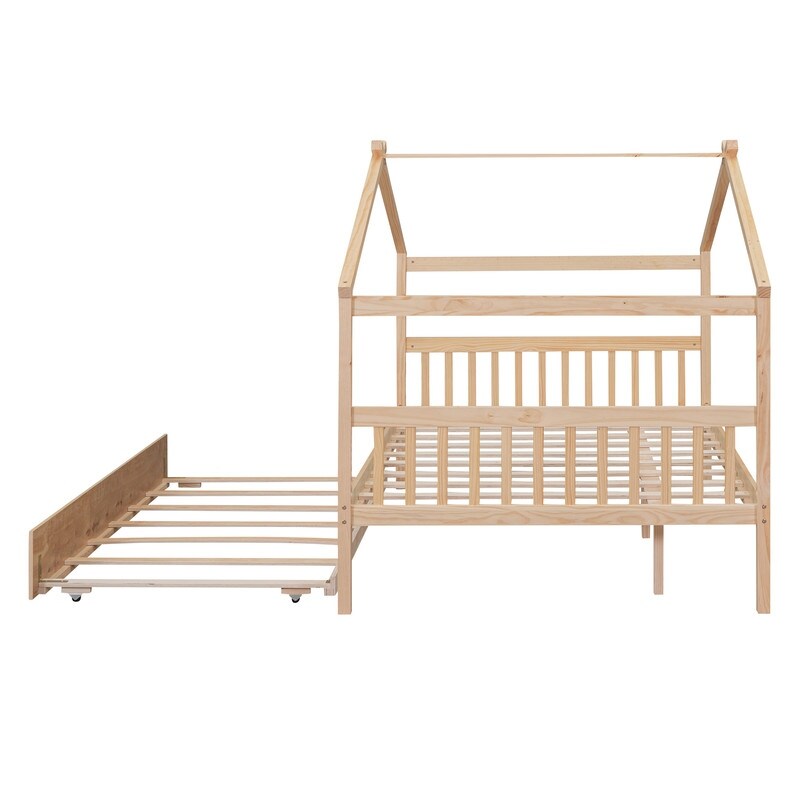 Full Size House Shaped Platform Bed with Twin Size Trundle, Solid Wood Kids Bed Frame for Bedroom Children Room, White