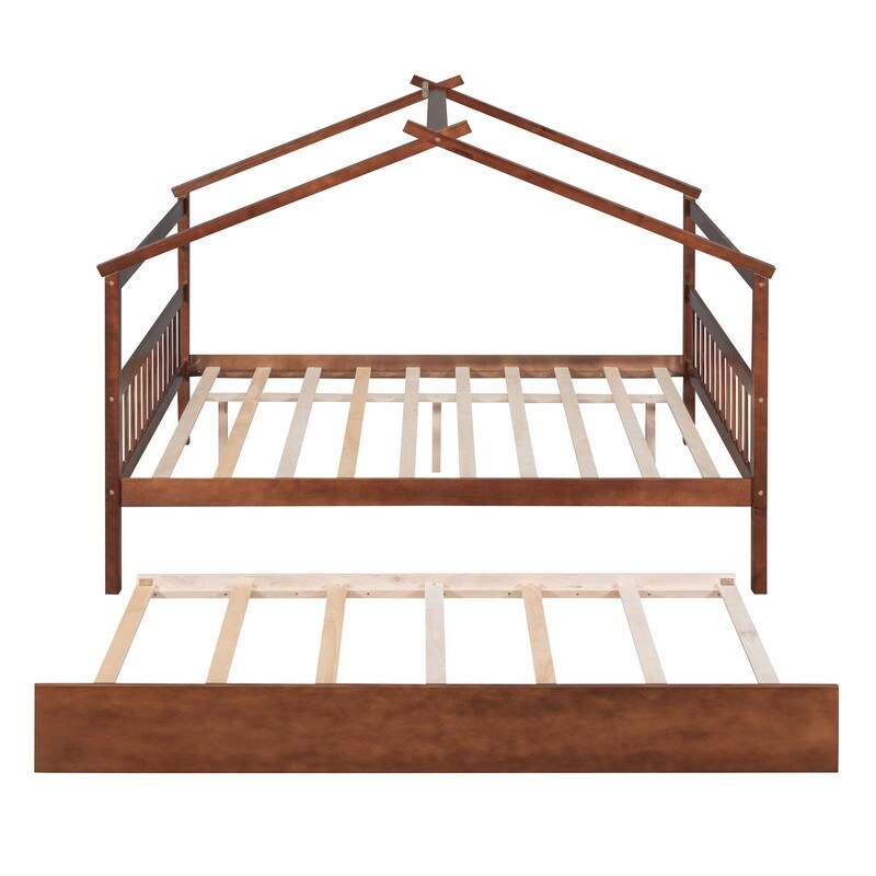 Full Size House Shaped Platform Bed with Twin Size Trundle, Solid Wood Kids Bed Frame for Bedroom Children Room, White
