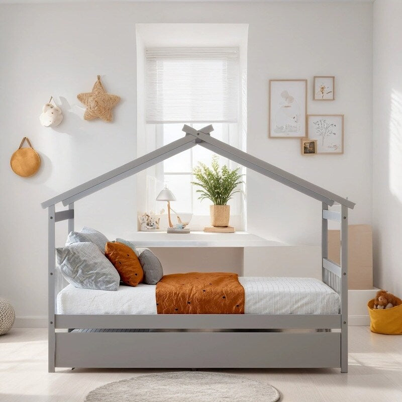 Full Size House Shaped Platform Bed with Twin Size Trundle, Solid Wood Kids Bed Frame for Bedroom Children Room, White