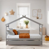 Full Size House Shaped Platform Bed with Twin Size Trundle, Solid Wood Kids Bed Frame for Bedroom Children Room, White