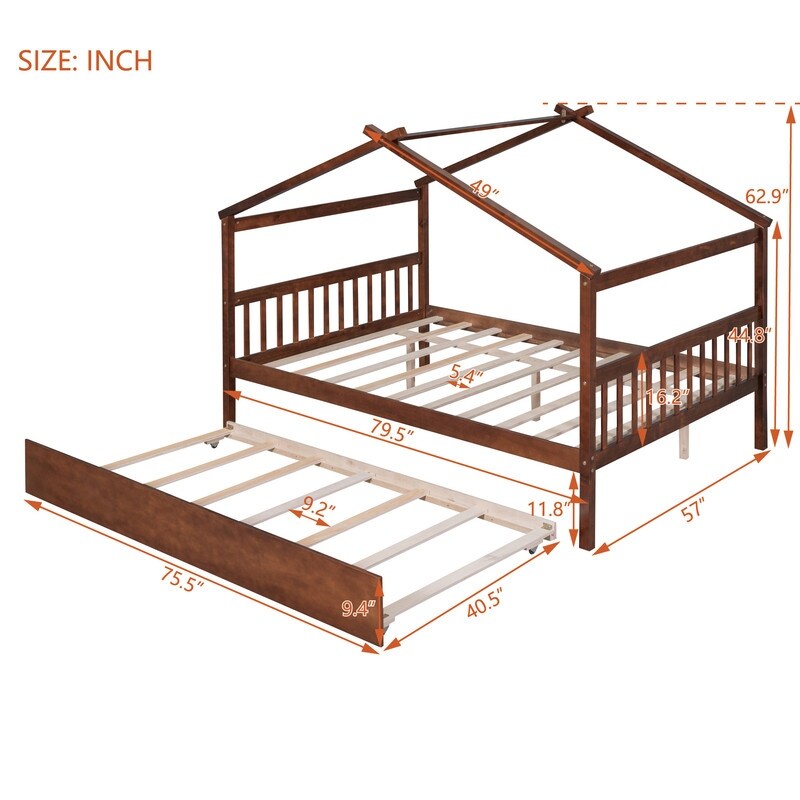 Full Size House Shaped Platform Bed with Twin Size Trundle, Solid Wood Kids Bed Frame for Bedroom Children Room, White