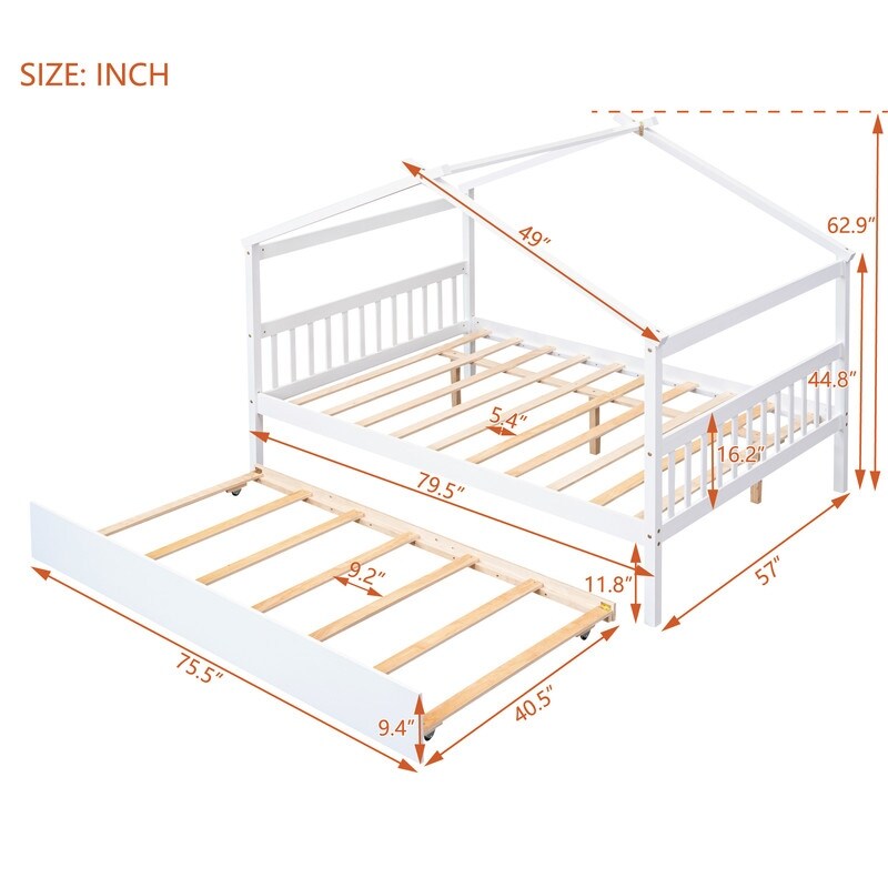 Full Size House Shaped Platform Bed with Twin Size Trundle, Solid Wood Kids Bed Frame for Bedroom Children Room, White