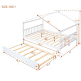 Full Size House Shaped Platform Bed with Twin Size Trundle, Solid Wood Kids Bed Frame for Bedroom Children Room, White