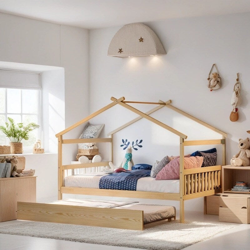 Full Size House Shaped Platform Bed with Twin Size Trundle, Solid Wood Kids Bed Frame for Bedroom Children Room, White