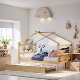 Full Size House Shaped Platform Bed with Twin Size Trundle, Solid Wood Kids Bed Frame for Bedroom Children Room, White