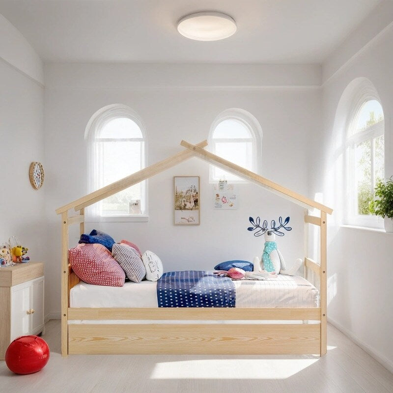 Full Size House Shaped Platform Bed with Twin Size Trundle, Solid Wood Kids Bed Frame for Bedroom Children Room, White