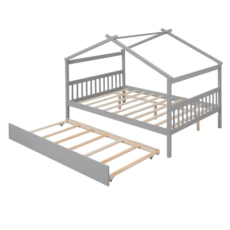 Full Size House Shaped Platform Bed with Twin Size Trundle, Solid Wood Kids Bed Frame for Bedroom Children Room, White
