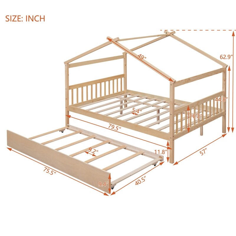 Full Size House Shaped Platform Bed with Twin Size Trundle, Solid Wood Kids Bed Frame for Bedroom Children Room, White