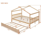 Full Size House Shaped Platform Bed with Twin Size Trundle, Solid Wood Kids Bed Frame for Bedroom Children Room, White