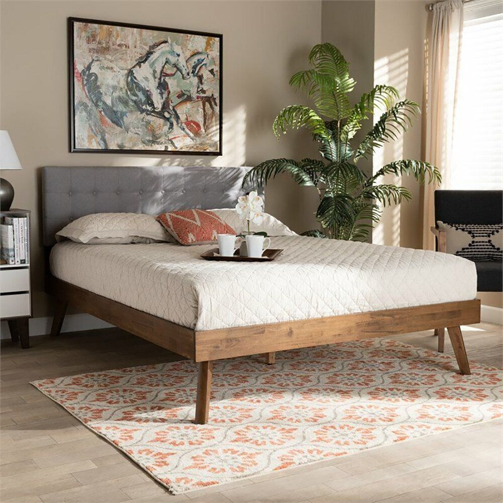 Full Size Light Gray Fabric Walnut Finished Platform Bed