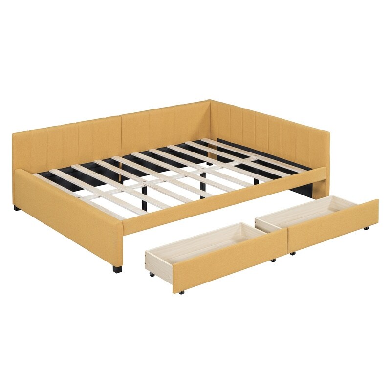 Full Size Linen Upholstered Daybed with 2 Storage Drawers, Sofa Bed