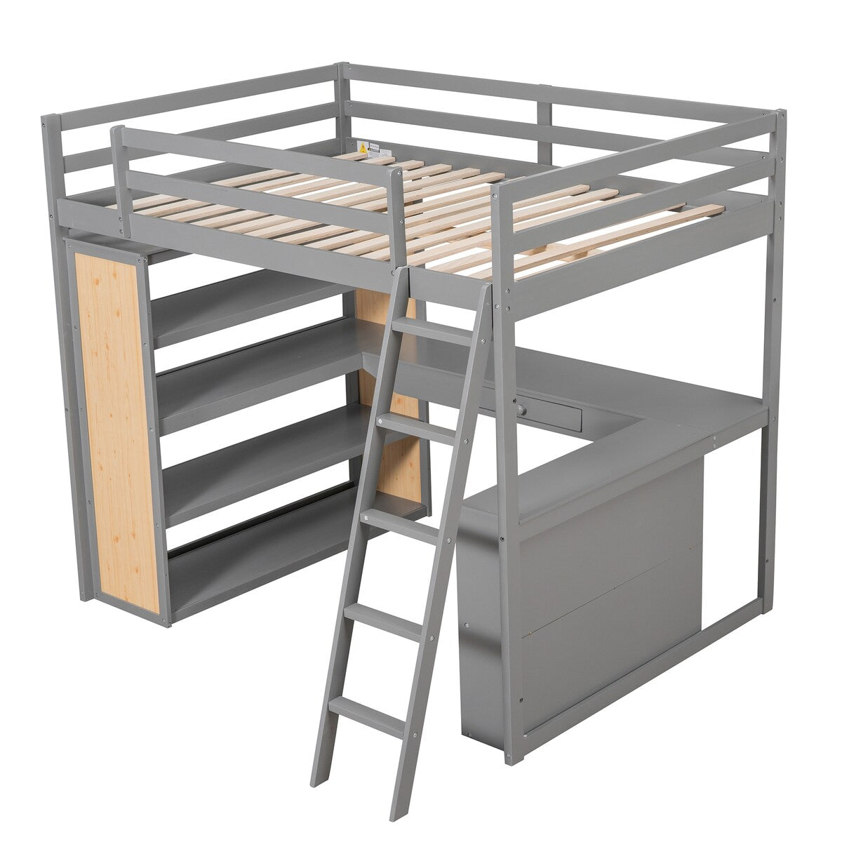 Full Size Loft Bed Frame with Ladder, Shelves,and Desk,Full Length Guard Rails,for Kids Youths Adults