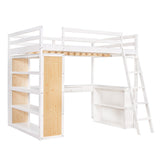 Full Size Loft Bed Frame with Ladder, Shelves,and Desk,Full Length Guard Rails,for Kids Youths Adults