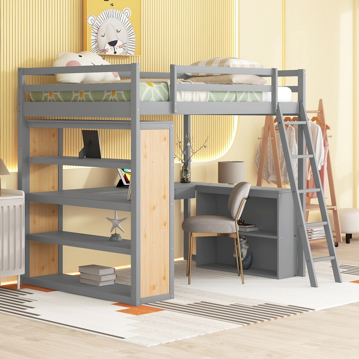 Full Size Loft Bed Frame with Ladder, Shelves,and Desk,Full Length Guard Rails,for Kids Youths Adults