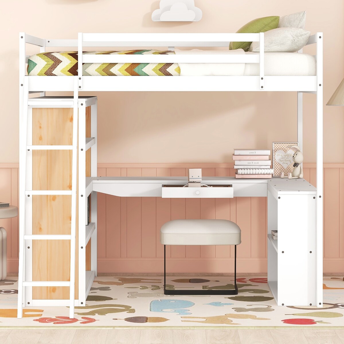 Full Size Loft Bed Frame with Ladder, Shelves,and Desk,Full Length Guard Rails,for Kids Youths Adults