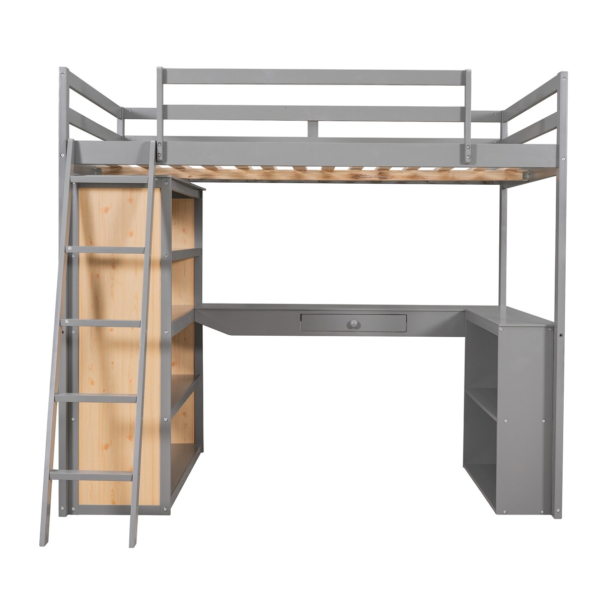Full Size Loft Bed Frame with Ladder, Shelves,and Desk,Full Length Guard Rails,for Kids Youths Adults